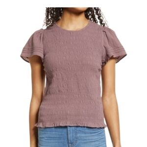 Madewell Lucie Flutter Sleeve Smocked Bodice Top Size Small in Fig